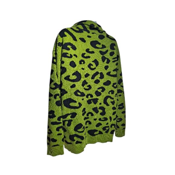 Women's Large Sweater Lime Green/Black Leopard Print Quarter Zip Neckline - Picture 2 of 11